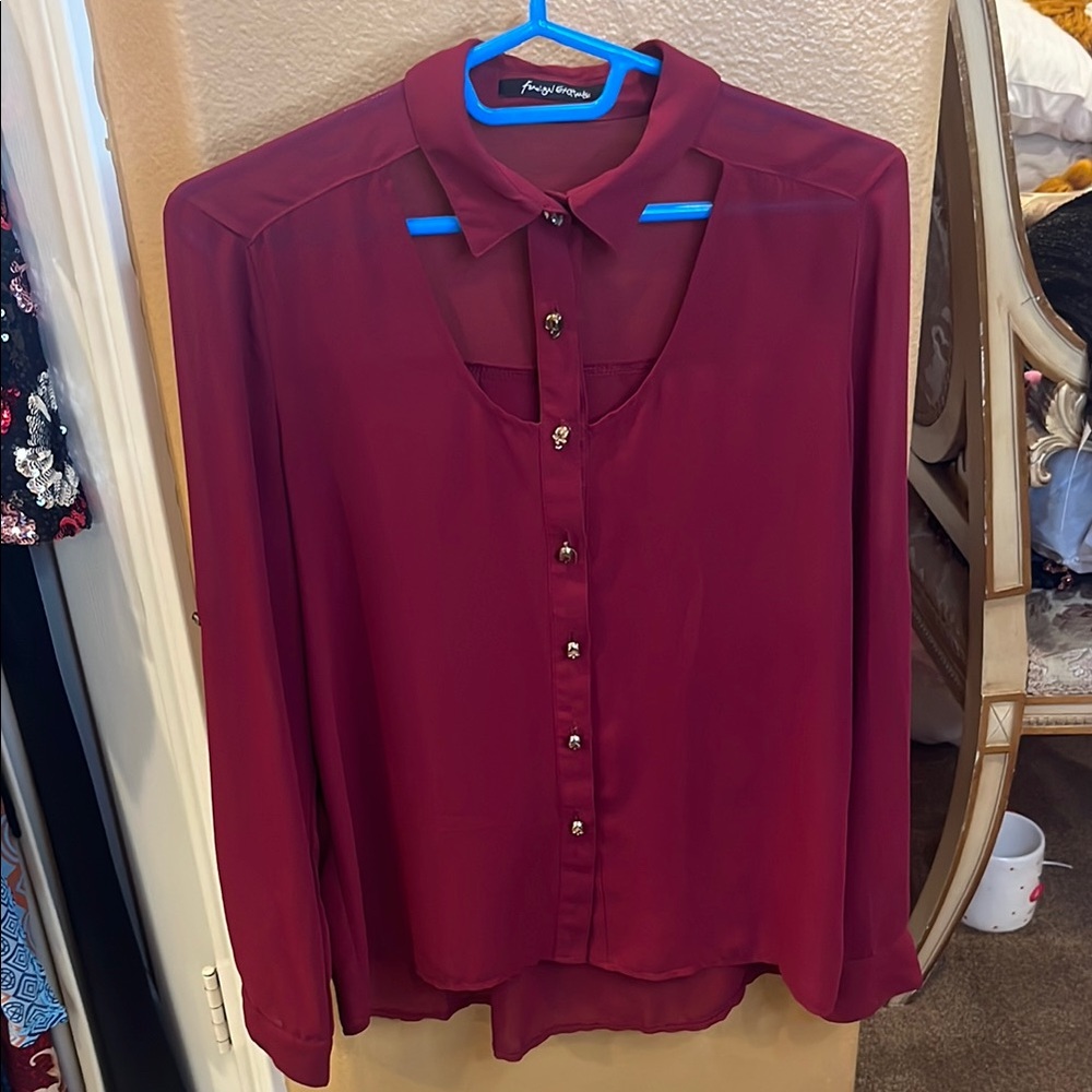 Burgundy Sheer Neck Cutout Sliver Skull Button Down Shirt